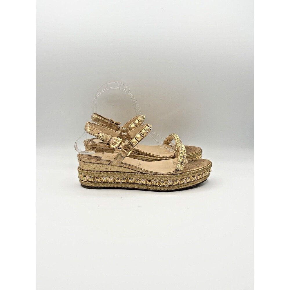 Christian Louboutin Gold Pyraclou 60 Spike Cork Wedge Espadrilles Size EU 38